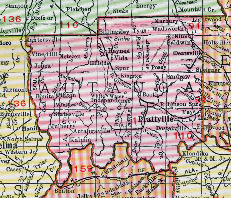 Autauga County, Alabama, Map, 1911, Prattville, Autaugaville, Billingsley, Marbury, Booth, Jones, Netezen, Bonita, Kalmia, Dosterville, Wadsworth, Tyus, Independence, Winslow