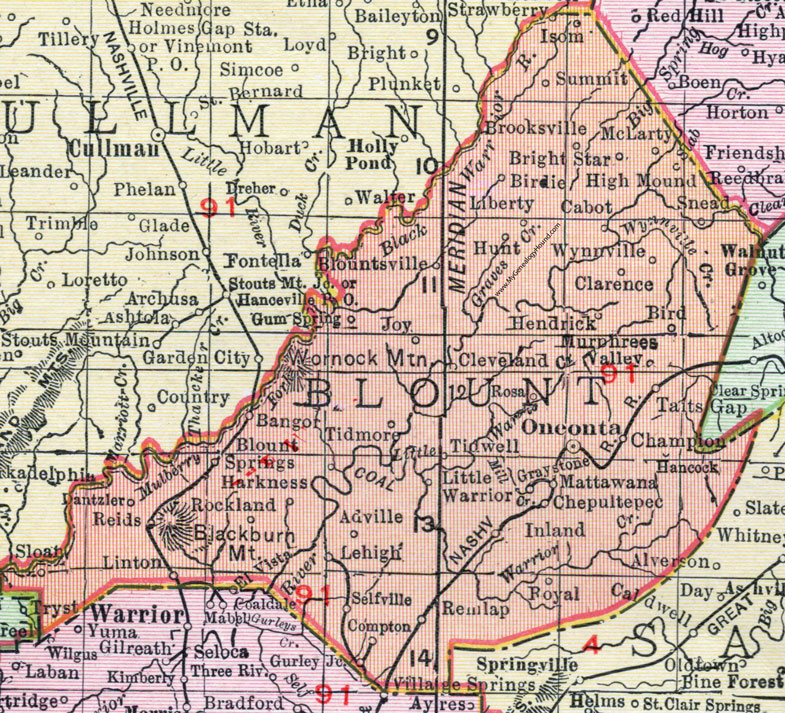 Blount County, Alabama, Map, 1911, Oneonta, Blountsville, Cleveland, Remlap, Brooksville, Summit, Hendrix, Bangor, Chepultepec, Mattawana, Harkness, Linton, Cabot, Tidwell, Bright Star