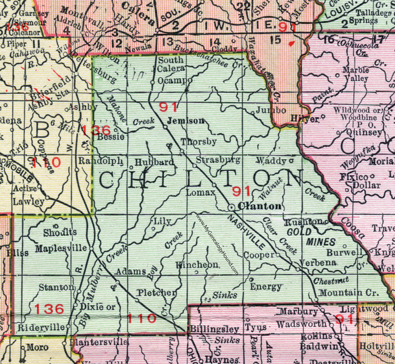 Chilton County, Alabama, Map, 1911, Clanton, Thorsby, Jemison, Maplesville, Stanton, Pletcher, Cooper, Verbena, Lomax, Mountain Creek, Ocampo, Hubbard, Kincheon, Burwell, Riderville