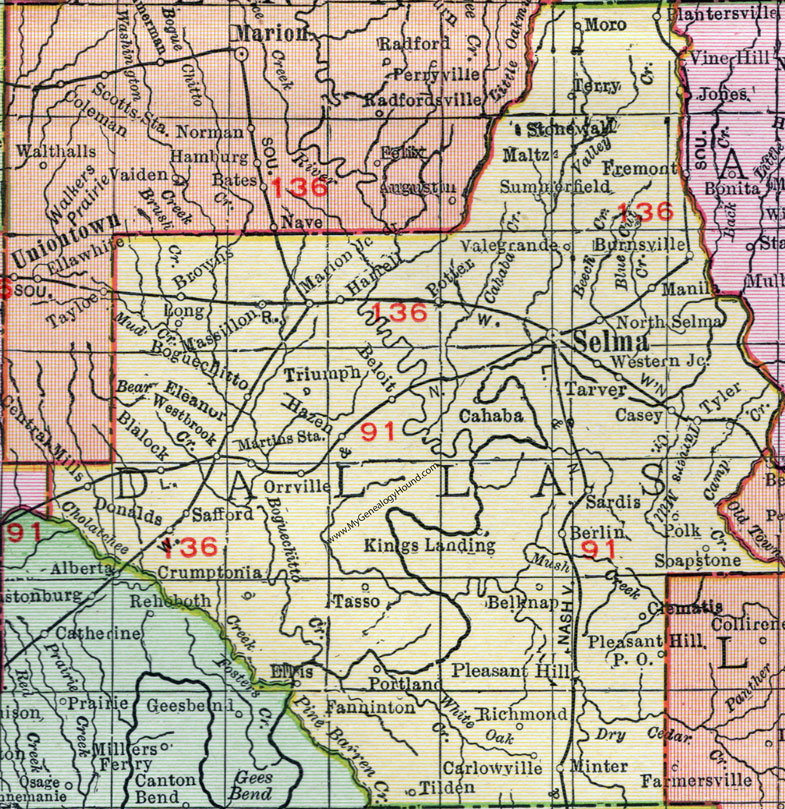 Dallas County, Alabama, Map, 1911, Selma, Orrville, Burnsville, Marion Junction, Hazen, Safford, Plantersville, Tyler, Minter, Massillon, Crumptonia, Tasso, Carlowville, Soapstone, Cahaba, Tarver