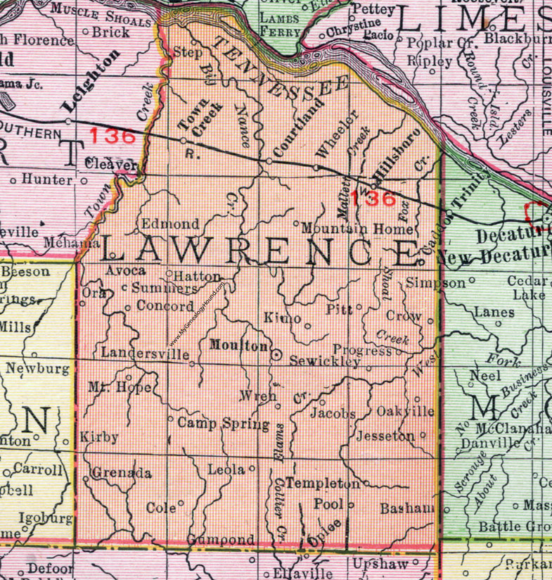 Lawrence County, Alabama, Map, 1911, Moulton, Courtland, Hillsboro, Town Creek