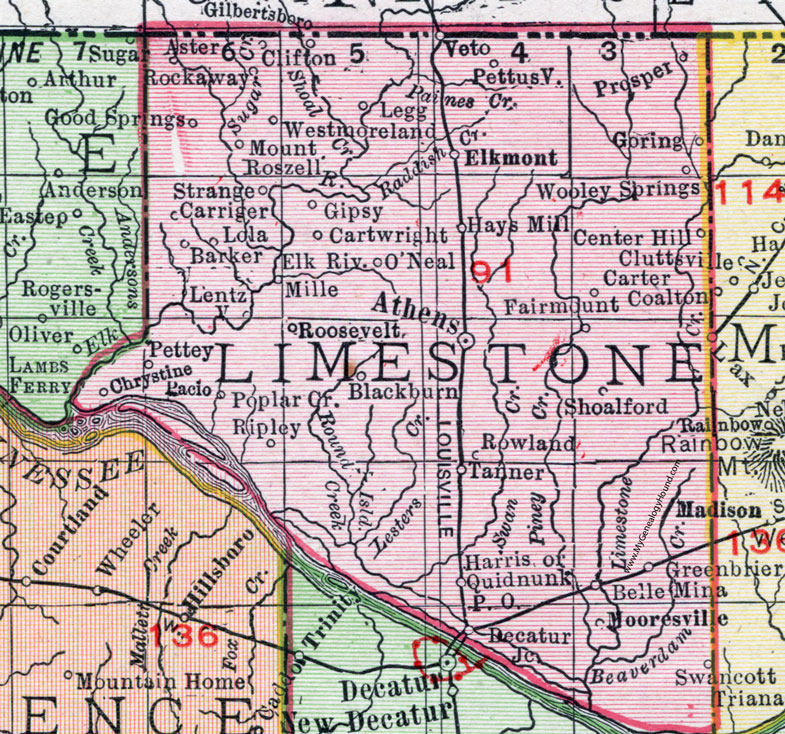 Limestone County, Alabama, Map, 1911, Athens, Mooresville, Tanner, Elkmont