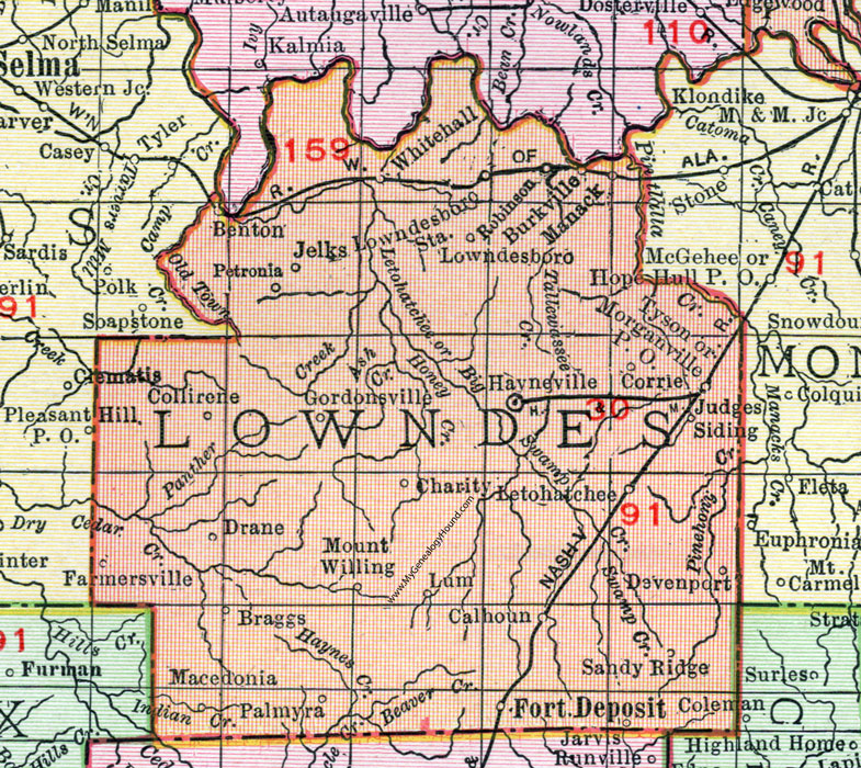 Lowndes County, Alabama, Map, 1911, Hayneville, Fort Deposit, Lowndesboro, Letohatchee