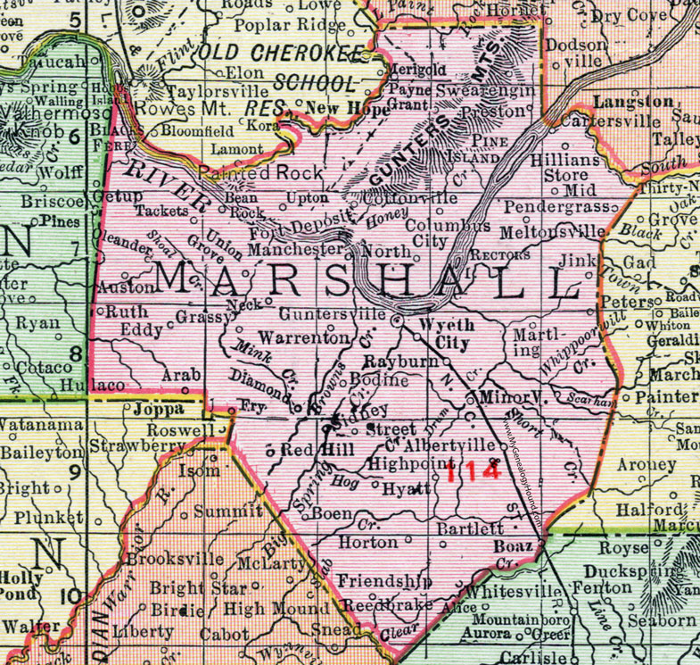 Marshall County, Alabama, Map, 1911, Arab, Guntersville, Albertville, Boaz