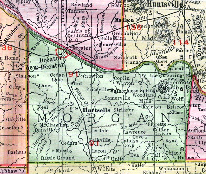 Morgan County, Alabama, Map, 1911, Decatur, Hartselle, Falkville, Laceys Spring