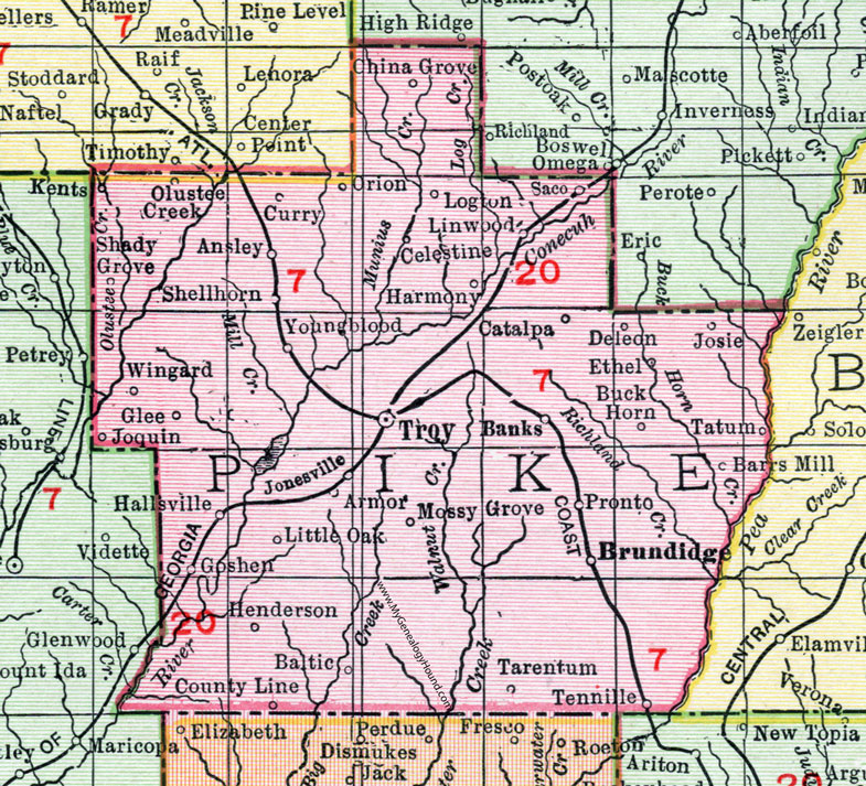Pike County, Alabama, Map, 1911, Troy, Brundidge, Goshen, Ansley