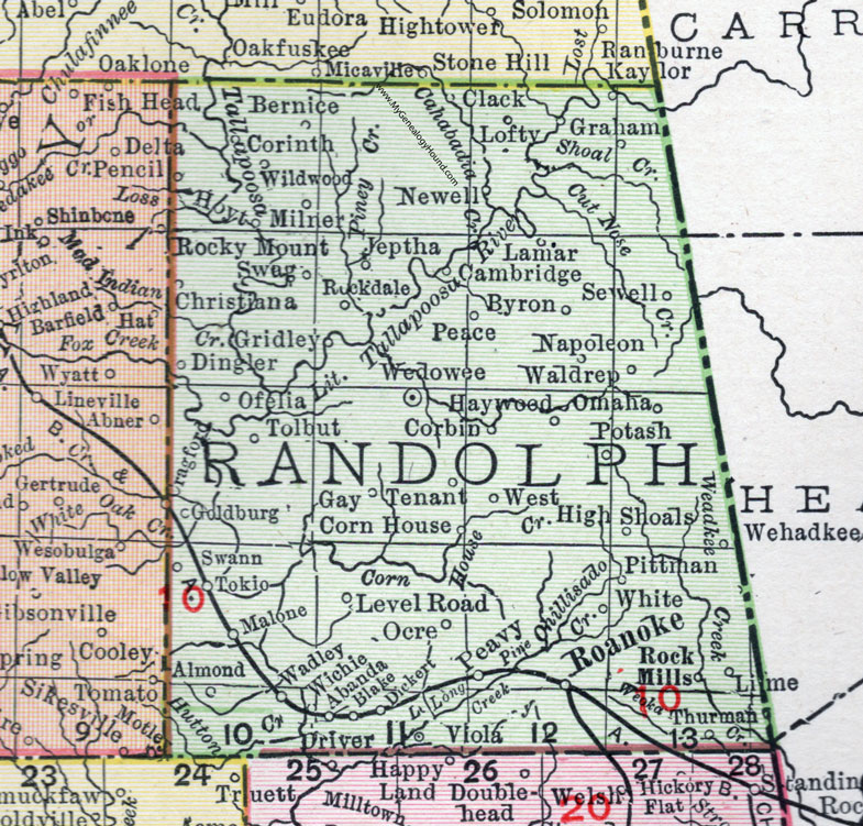 Randolph County, Alabama, Map, 1911, Roanoke, Wedowee, Wadley, Newell, Rock Mills