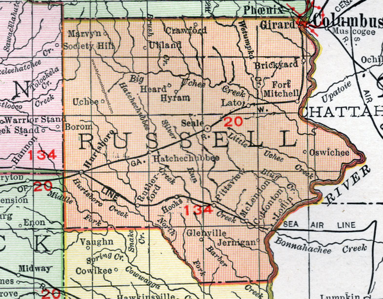 Russell County, Alabama, Map, 1911, Seale, Girard, Hurtsboro, Ft. Mitchell, Pittsview
