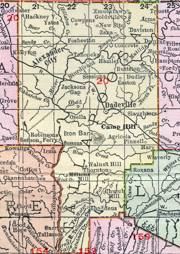 Tallapoosa County, Alabama, Map, 1911, Alexander City, Dadeville, Camp Hill, Jacksons Gap