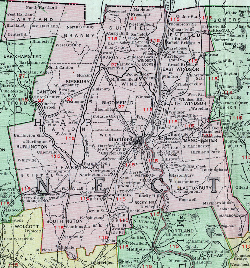 Hartford County, Connecticut, 1911, Map, Rand McNally, Bristol, New Britain, Manchester, Wethersfield, West Hartford, Burlington, Glastonbury, Windsor, Elmwood, Newington, Collinsville, Farmington, Plainville
