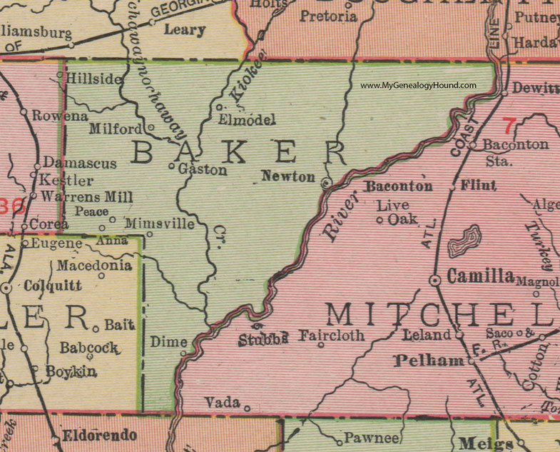 Baker County, Georgia, 1911, Map, Rand McNally, Newton, Elmodel, Milford, Mimsville, Gaston, Dime, Peace, Anna