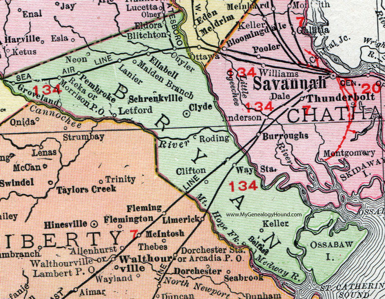 Bryan County, Georgia, 1911, Map, Rand McNally, Pembroke, Ellabell, Keller, Belfast, Clyde, Roding, Schrenkville, Letford, Lanier, Blitchton, Eldora, Groveland