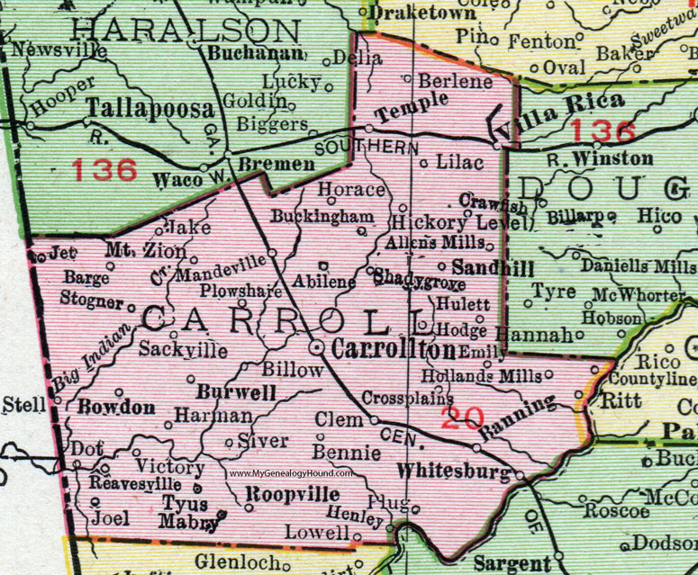 Carroll County, Georgia, 1911, Map, Rand McNally, Carrollton, Villa Rica, Temple, Bowdon, Mt. Zion, Clem, Roopville, Whitesburg, Banning, Burwell, Buckingham, Hollands Mills
