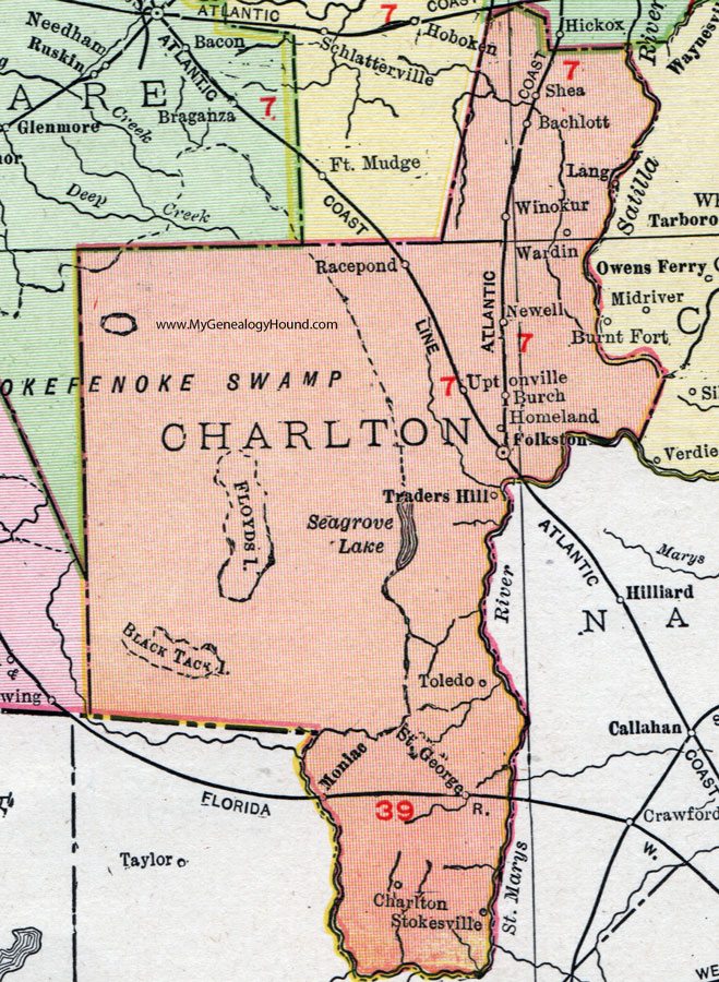 Charlton County, Georgia, 1911, Map, Rand McNally, Folkston, St. George, Winokur, Moniac, Bachlott, Newell, Uptonville, Traders Hill, Toledo, Stokesville, Burch