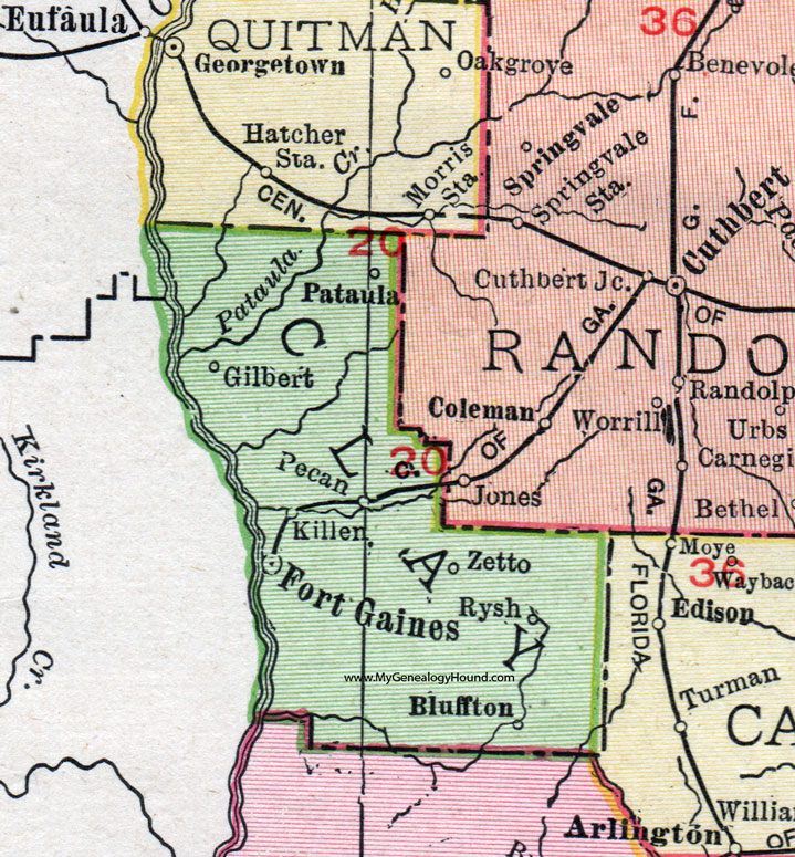 Clay County, Georgia, 1911, Map, Rand McNally, Fort Gaines, Bluffton, Gilbert, Pataula, Zetto, Rysh, Pecan, Killen
