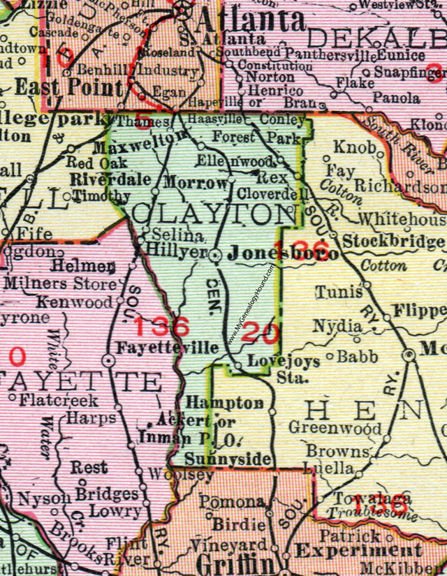 Clayton County, Georgia, 1911, Map, Rand McNally, Jonesboro, Forest Park, Morrow, Conley, Ellenwood, Rex, Lovejoy, Riverdale, Haasville, Hillyer, Selina, Cloverdell