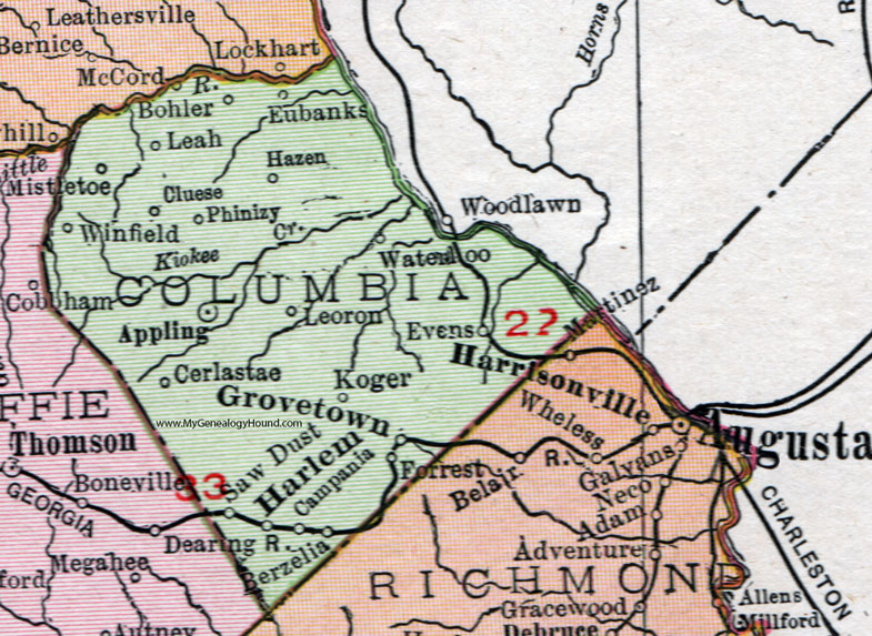 Columbia County, Georgia, 1911, Map, Rand McNally, Appling, Grovetown, Evans, Harlem, Waterloo, Koger, Berzelia, Campania, Cluese, Phinizy, Eubanks, Waterloo, Leoron, Cerlastae