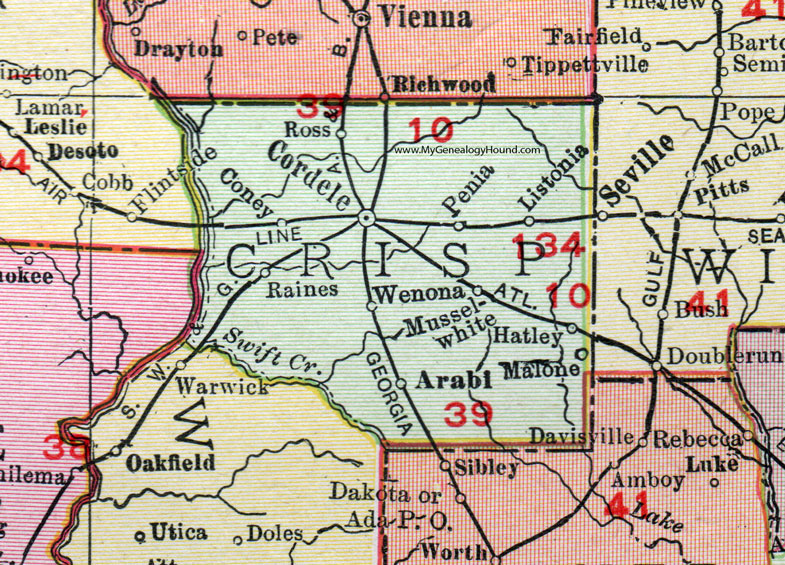 Crisp County, Georgia, 1911, Map, Rand McNally, Cordele, Arabi, Wenona, Coney, Hatley, Listonia, Malone, Musselwhilte, Penia, Raines, Ross