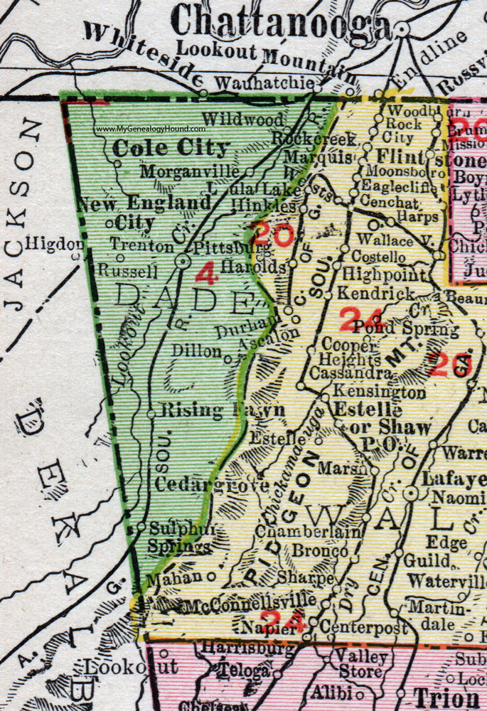 Dade County, Georgia, 1911, Map, Rand McNally, Trenton, Rising Fawn, Wildwood, Morganville, Sulphur Springs, New England City, Cole City, Dillon, Russell