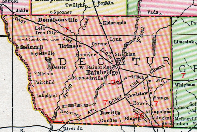 Decatur County, Georgia, 1911, Map, Rand McNally, Bainbridge, Attapulgus, Donalsonville, Brinson, Climax, Fowlstown, Faceville, Eldorendo, Boyettville, Desser, Gundee, Bingen, Laingkat