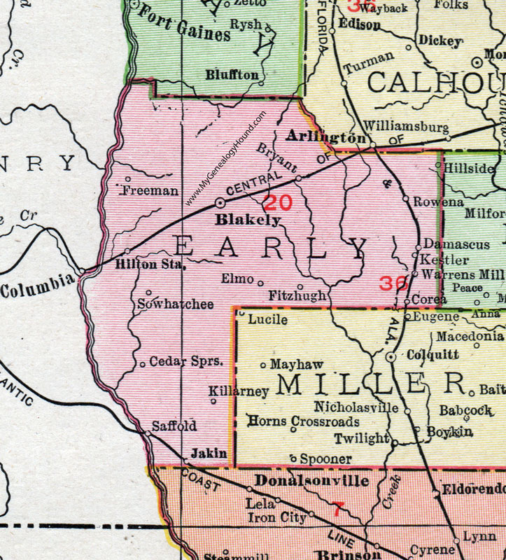 Early County, Georgia, 1911, Map, Rand McNally, Blakely, Cedar Springs, Sawhatchee, Jakin, Damascus, Kestler, Warrens Mill, Corea, Rowena, Saffold, Killarney, Fitzhugh, Freeman