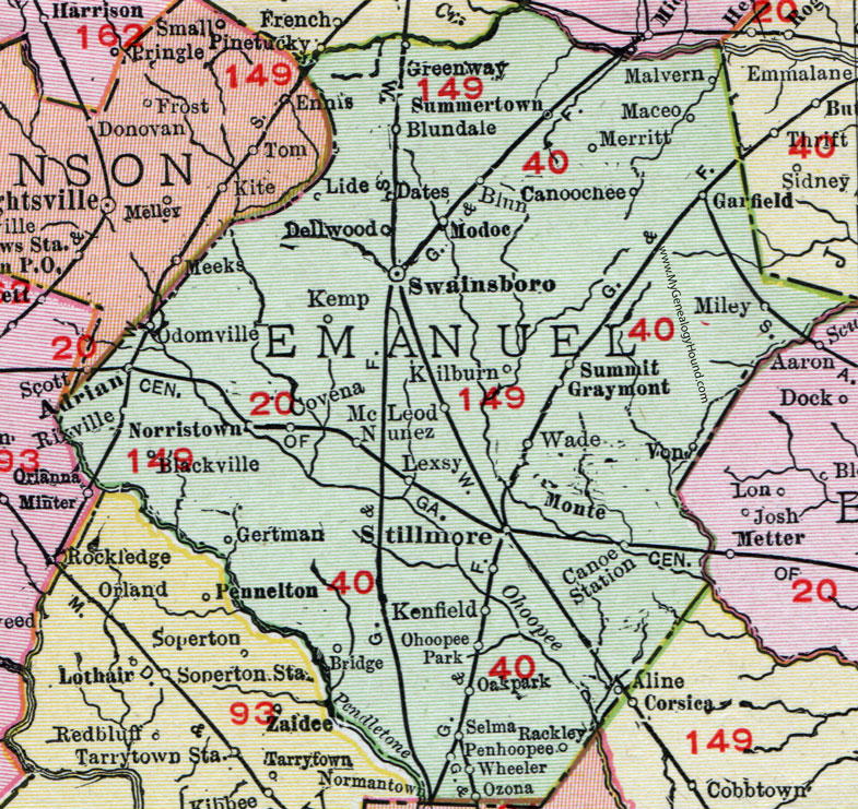 Emanuel County, Georgia, 1911, Map, Rand McNally, Swainsboro, Stillmore, Garfield, Modoc, Nunez, Norristown, Adrian, Oak Park, Gertman, Lexsy, Kilburn, Canoochee, Dellwood, Malvern, Penhoopee, Ozona