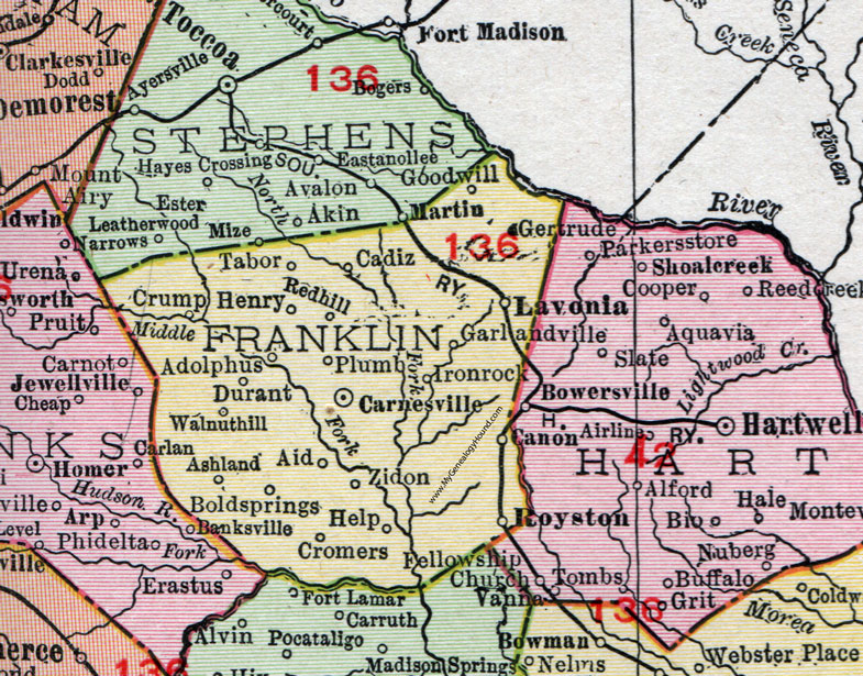 Franklin County, Georgia, 1911, Map, Rand McNally, Carnesville, Lavonia, Royston, Canon, Zidon, Cromers, Durant, Tabor, Crump, Goodwill, Cadiz, Plumb, Ironrock, Adolphus