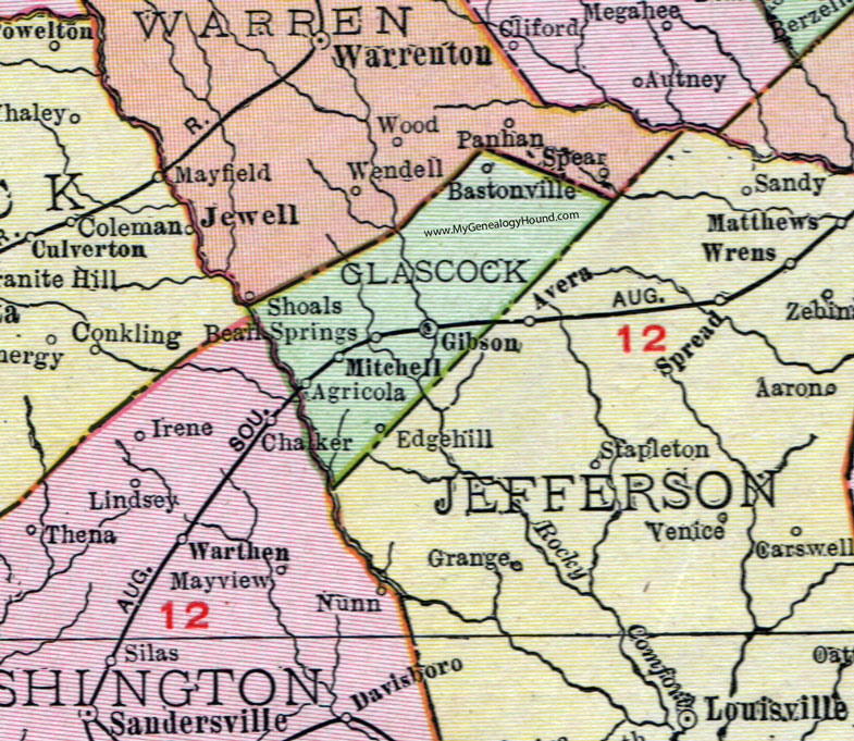 Glascock County, Georgia, 1911, Map, Rand McNally, Gibson, Mitchell, Bastonville, Agricola, Edgehill, Beall Springs