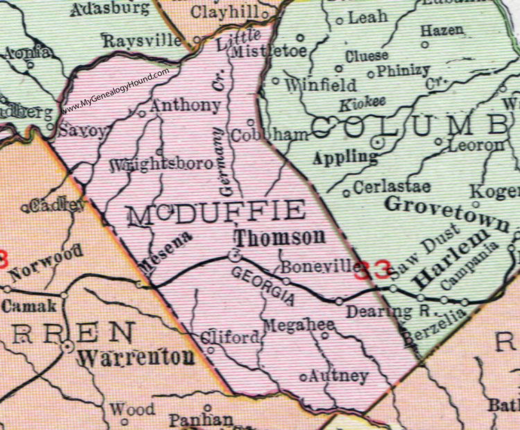 McDuffie County, Georgia, 1911, Map, Thomson, Boneville, Dearing, Cobbham, Anthony, Wrightsboro, Megahee, Cliford, Autney