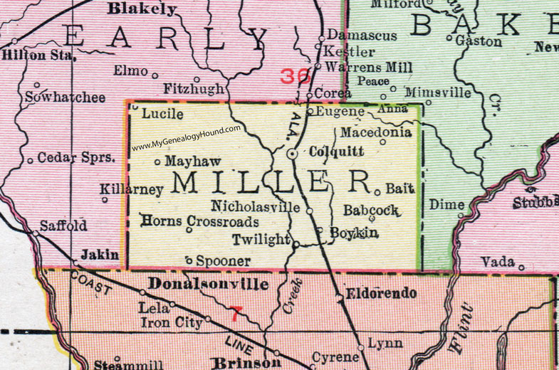 Miller County, Georgia, 1911, Map, Colquitt, Boykin, Babcock, Spooner, Nicholasville