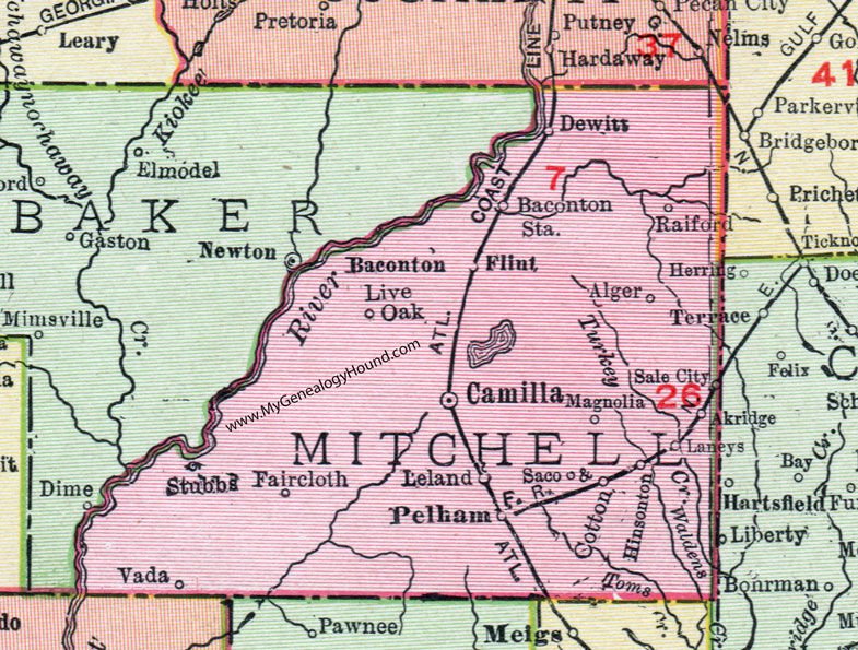 Mitchell County, Georgia, 1911, Map, Camilla, Pelham, Baconton, Sale City, Dewitt