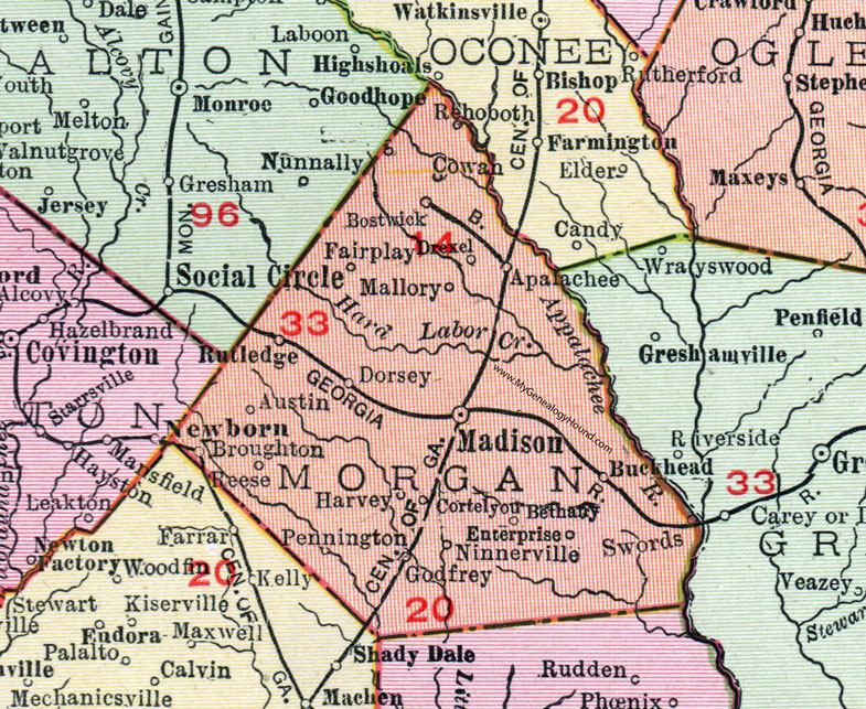 Morgan County, Georgia, 1911, Map, Madison, Rutledge, Buckhead, Swords, Godfrey