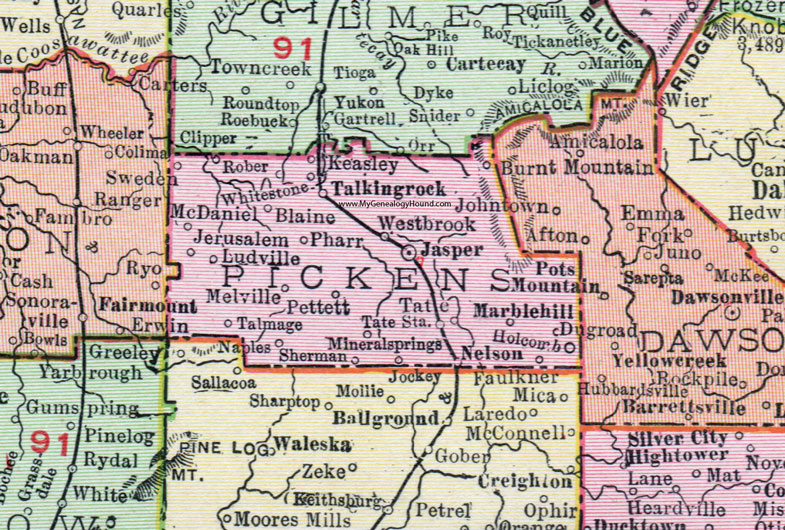 Pickens County, Georgia, 1911, Map, Jasper, Nelson, Talking Rock, Melville, Keasley