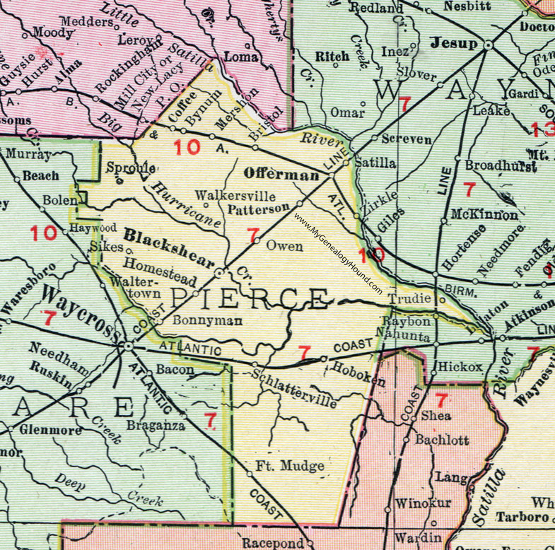 Pierce County, Georgia, 1911, Map, Blackshear, Patterson, Offerman, Mershon, Bristol