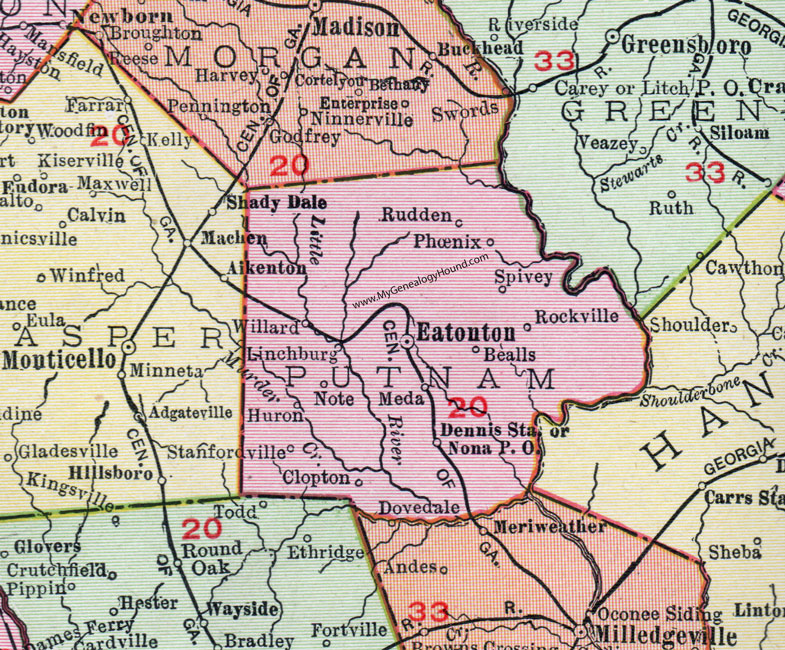 Putnam County, Georgia, 1911, Map, Eatonton, Linchburg, Clopton, Spivey, Rudden