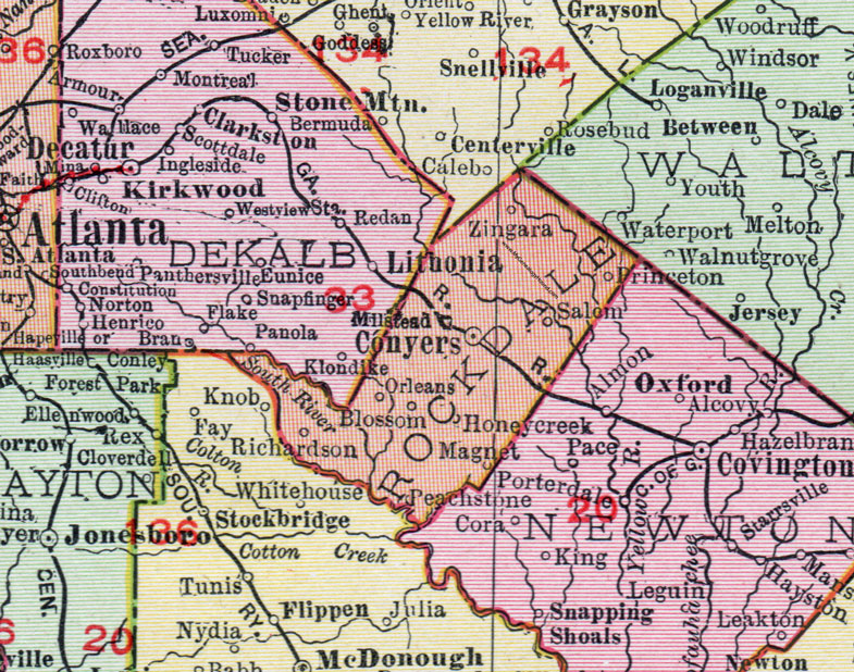 Rockdale County, Georgia, 1911, Map, Conyers, Zingara, Peachstone, Princeton, Salem
