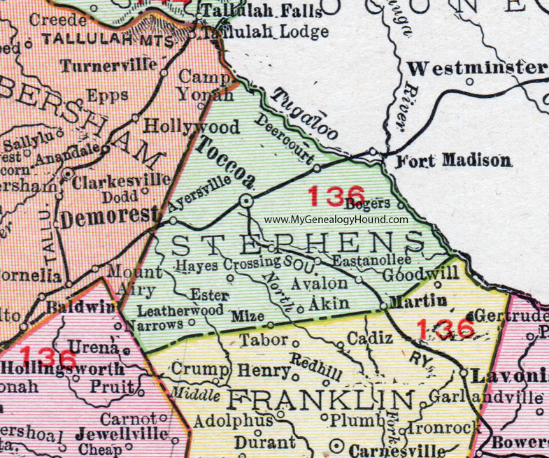 Stephens County, Georgia, 1911, Map, Toccoa, Eastanollee, Martin, Deercourt, Mize