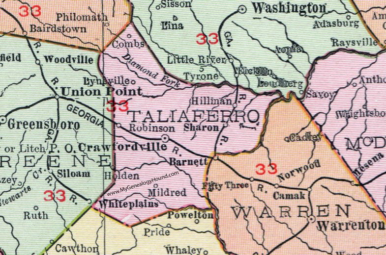 Taliaferro County, Georgia, 1911, Map, Crawfordville, Sharon, Hillman, Lyneville, Combs, Sharon, Mildred