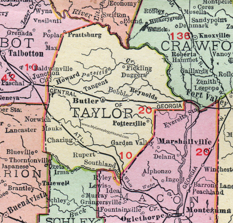 Taylor County, Georgia, 1911, Map, Butler, Reynolds, Potterville, Mauk, Charing, Rupert
