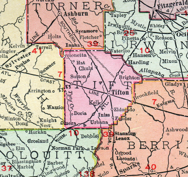 Tift County, Georgia, 1911, Map, Tifton, Omega, Ty Ty, Chula, Brookfield, Eldorado