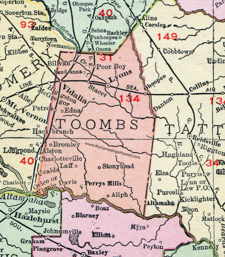 Toombs County, Georgia, 1911, Map, Vidalia, Lyons, Bromley, Perrys Mills, Laff, Stacer