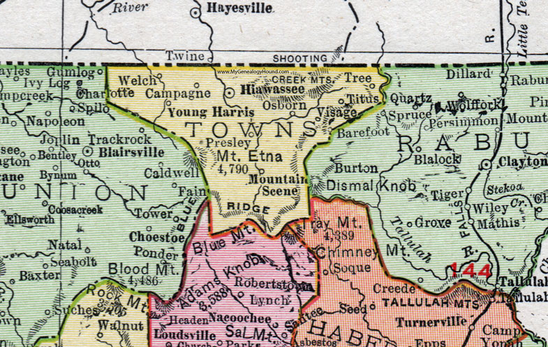 Towns County, Georgia, 1911, Map, Rand McNally, Hiawassee, Presley, Young Harris, Osborn, Welch, Visage, Titus