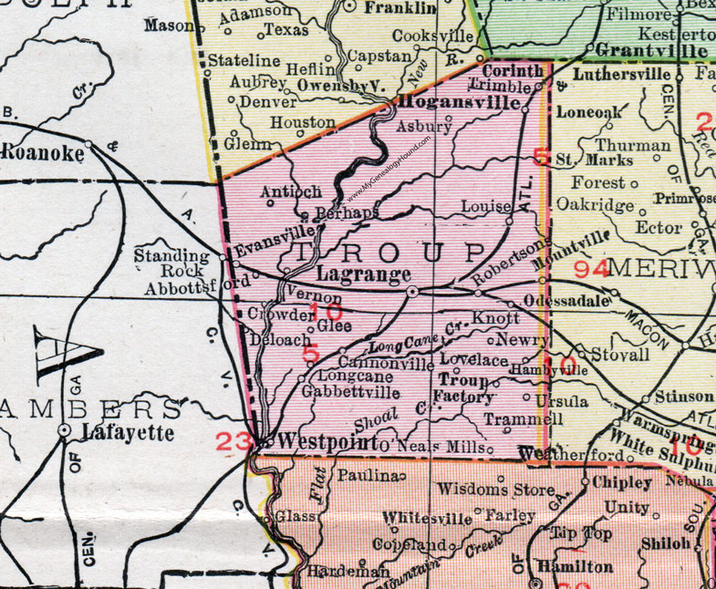 Troup County, Georgia, 1911, Map, LaGrange, West Point, Hogansville, Gabbettville, Louise, Trimble