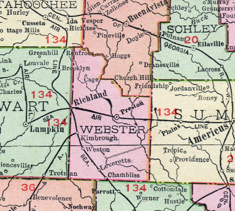 Webster County, Georgia, 1911, Map, Preston, Weston, Kimbrough, Chambliss, Leveretts, Cage, Church Hill