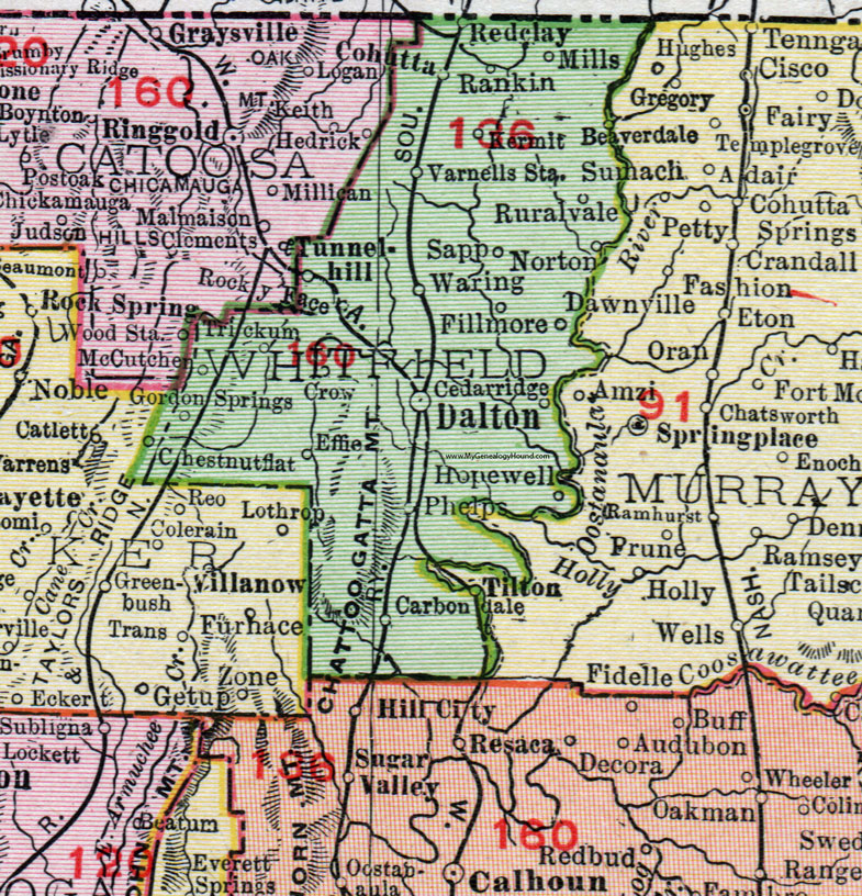 Whitfield County, Georgia, 1911, Map, Rand McNally, Dalton, Rocky Face, Tunnel Hill, Varnell, Cohutta, Tilton, Sapp, Rankin