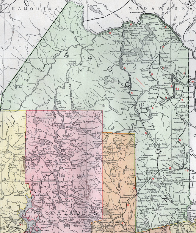 Aroostook County, Maine, 1912, map, Houlton, Caribou, Presque Isle, Fort Kent, Madawaska, Fort Fairfield, Limestone, Mapleton, Washburn, Van Buren, Mars Hill, Hodgdon, Ashland, Easton
