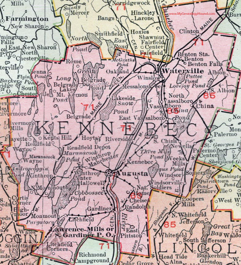 Kennebec County, Maine, 1912, map, Augusta, Waterville, Gardiner, Winslow, Winthrop, Vassalboro, China, Monmouth, Oakland, Litchfield, Clinton, Belgrade, Benton, Chelsea
