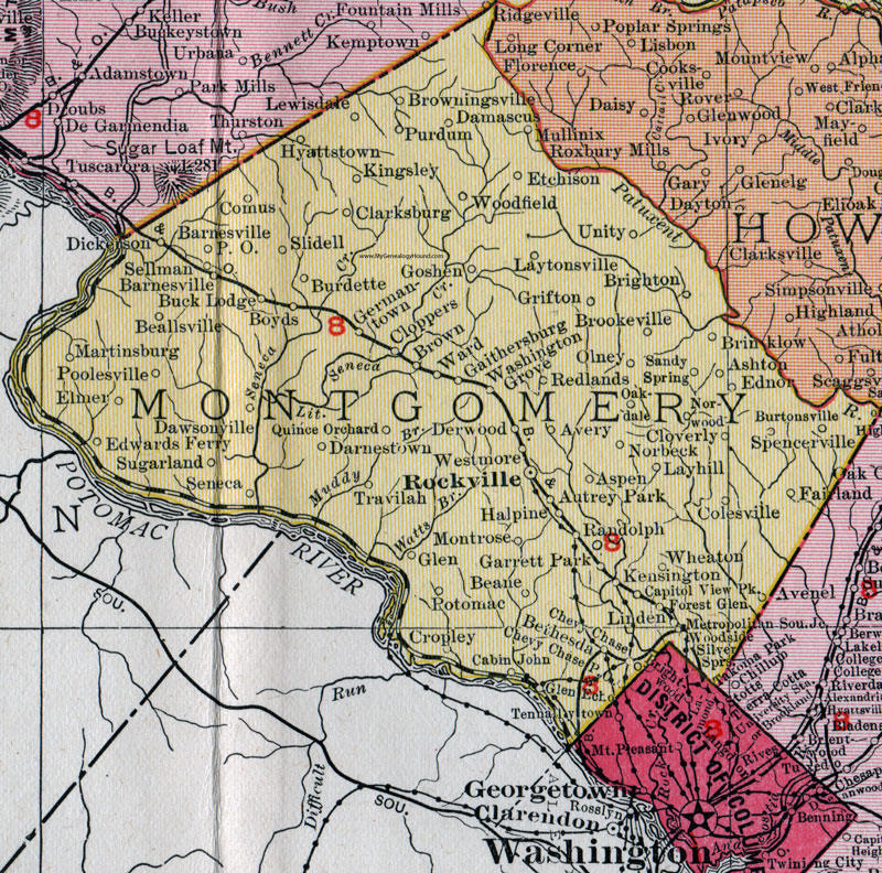 Montgomery County, Maryland, Map, 1911, Rand McNally, Rockville, Chevy Chase, Bethesda, Silver Spring, Potomac, Wheaton, Poolesville, Olney, Gaithersburg, Germantown, Damascus, Cabin John, Redland, Ashton