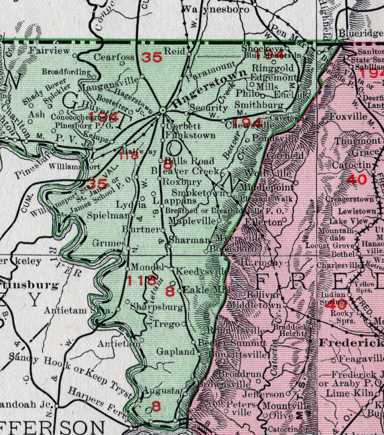 The eastern half of Washington County, Maryland on a 1911 map by Rand McNally