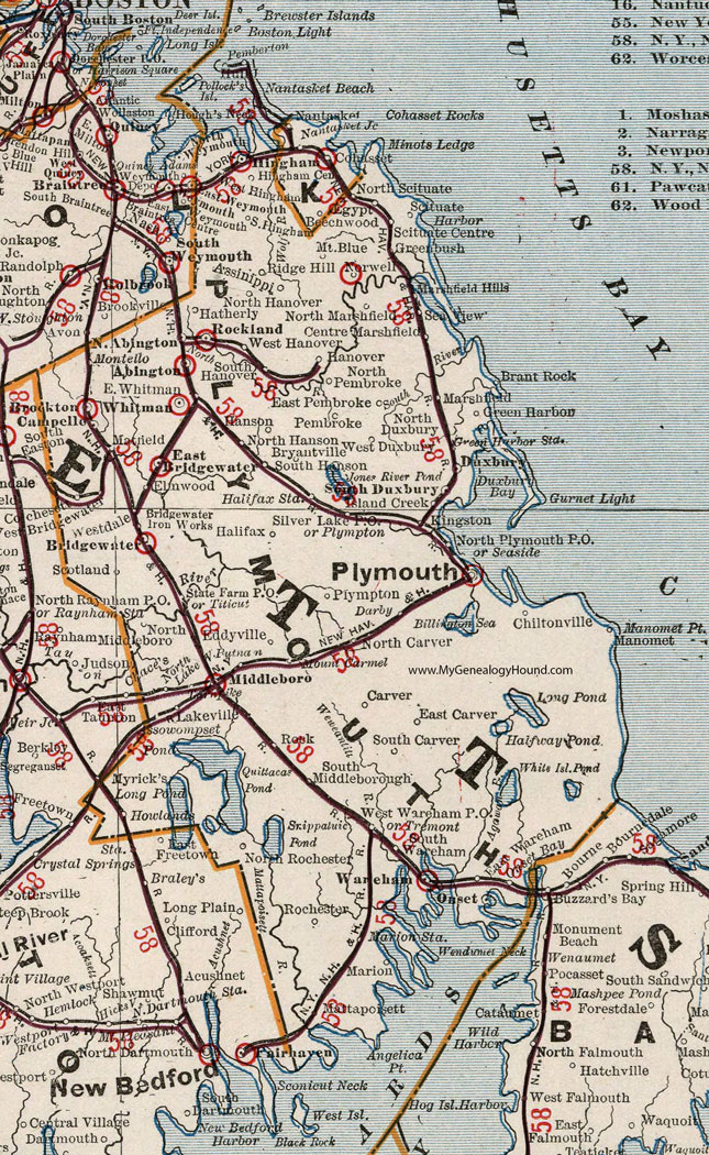 Plymouth County, Massachusetts, 1901, Map, Cram, Middleborough, Brockton, Duxbury, Wareham, Onset, Rockland, Hingham, Abington, Whitman, Bridgewater, Campello, Pembroke, Halifax, Carver, Hanover, MA